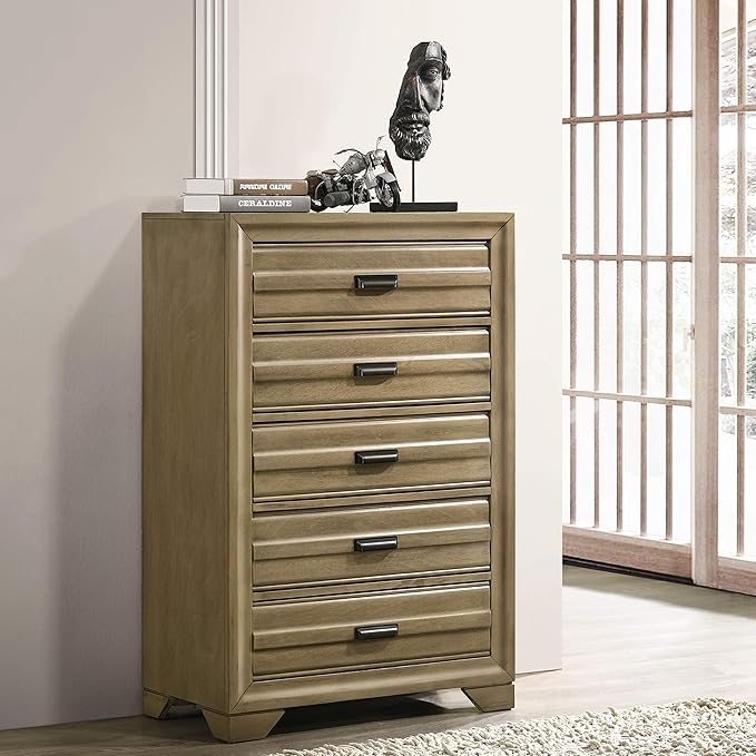 Roundhill Furniture Loiret Light Grey Finish Wood Storage Platform Queen Bedroom Set with Dresser, Mirror, Two Nightstands, Chest