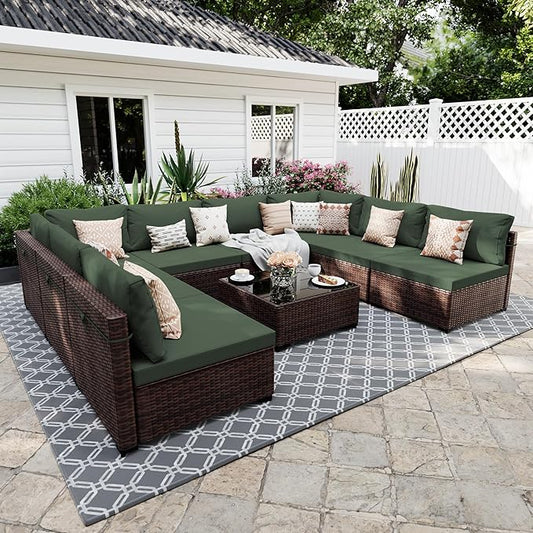 UPHA 9 Pieces Patio Furniture Sets, Wicker Outdoor Sectional Sofa Couch with Coffee Table, Patio Conversation Set for Deck Backyard Garden, Brown Rattan, Pine Green Cushion