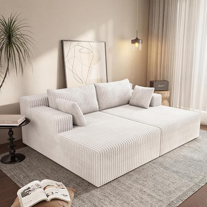71-Inch Fluffy Corduroy Boneless Sleeper Daybed Loveseat Double Recliner Chaise Lounge Sofa Couches, Floor Cloud Sofa Chaise W/4 Pillows for Home Apartment Living Room