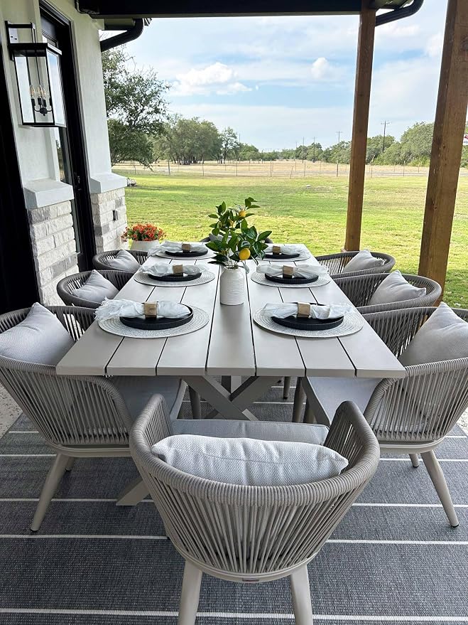 PURPLE LEAF 9 Pieces Patio Dining Set Wicker Outdoor Furniture Rectangular Table and Chairs Set for Garden Deck Aluminum Frame Backyard Kitchen Set, Cushions and Pillows Included Champagne by PURPLELEAF