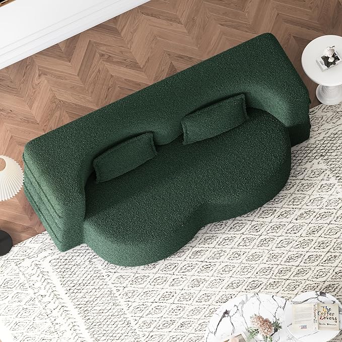 Ball & Cast 78" Floor Sofa Bed with 2 Pillows,Convertible Teddy Fabric Foam-Filled Sleeper Sofa Bed,Pull Out Couch Full Size Folding Mattress for Living Room,Playroom,No Assembly Required,Green