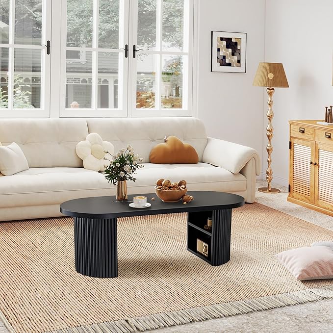 AVZEAR Oval Fluted Coffee Table for Living Room, Mid Century Modern Coffee Table with Storage, Curved Round Wooden Center Table for Home, Office, Cafe, Black(47.24" x 19.69" x 15.74")