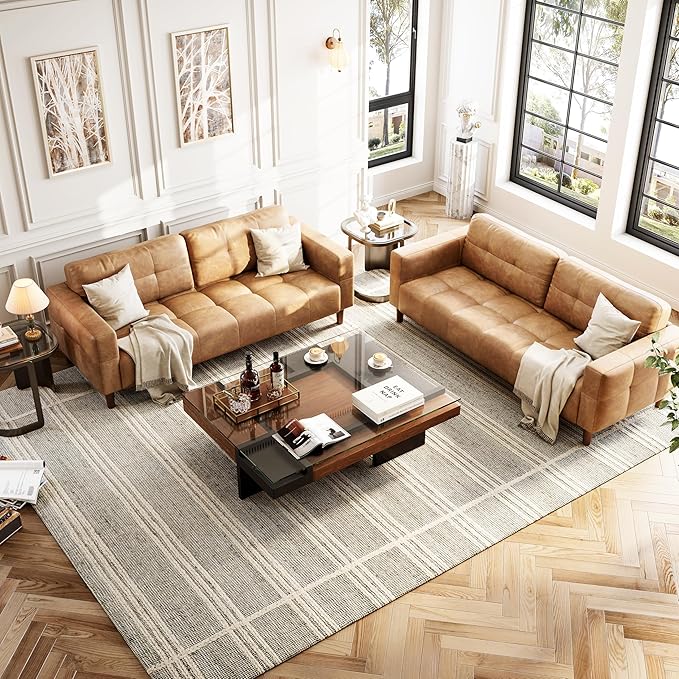 GarveeHome 3-Seater Sofa Couch, 83 in Wide Faux Leather Sofa Couch with Spring Cushion, Modern Sofa with Deep Seats and 2 Removable Back Cushions, for Living Room, Bedroom, Apartment, Office, Brown