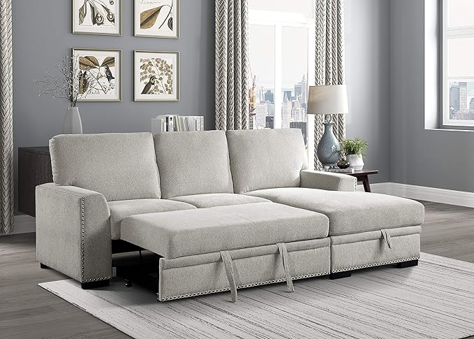 Lexicon Mid Century Modern Sectional Sleeper Sofa Bed Couch with Storage Chaise, Sectional Sofa Pull Out Couch Bed, Sectional Couch Lounge Sofa for Living Room Apartment, Right Side Chaise, Beige