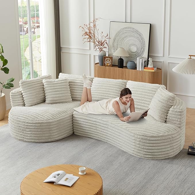 Plush Corduroy Cloud Sectional Sofa with Curved Chaise, Oversized 2 Pieces Modular Lounge Sofa with Deep Seat, Upholstered Sponge Compressed Couches for Living Room Bedroom,No Assembly Required