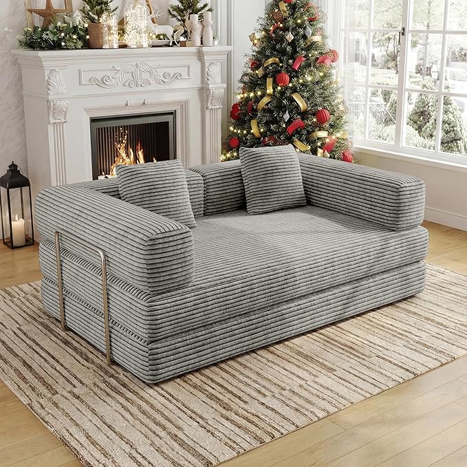 4 in 1 Futon Sofa Bed Queen Size - Foldable Convertible Sleeper Sofa Couch with L-Shaped Armrests Space Saving Floor Mattress for Bedroom & Dorm(Light Gray, 59” 2 Seat)