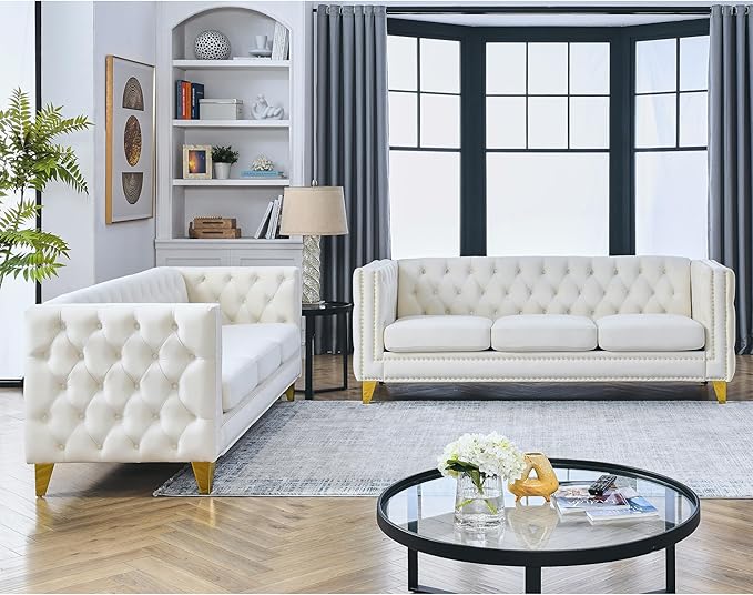 KEIKI Tufted Velvet 3+3 Seat Sofa Couch for Living Room, Buttons Tufted Square Arm Couch for Home Apartment, Beige