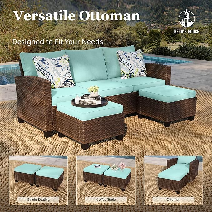 HERA'S HOUSE Patio Furniture Set with Fire Pit, 6 Pieces Outdoor Wicker Furniture, All Weather Patio Conversation Sets with Thick Cushions for Lawn Backyard, Brown/Blue