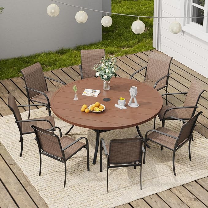 VICLLAX Round Outdoor Dining Set, Patio Table and Chairs Set Set of 8 Patio Stackable Chairs and 53" Outdoor Round Table with Umbrella Hole for Backyard Lawn Garden, Brown Chairs and Walnut Table by HOME
