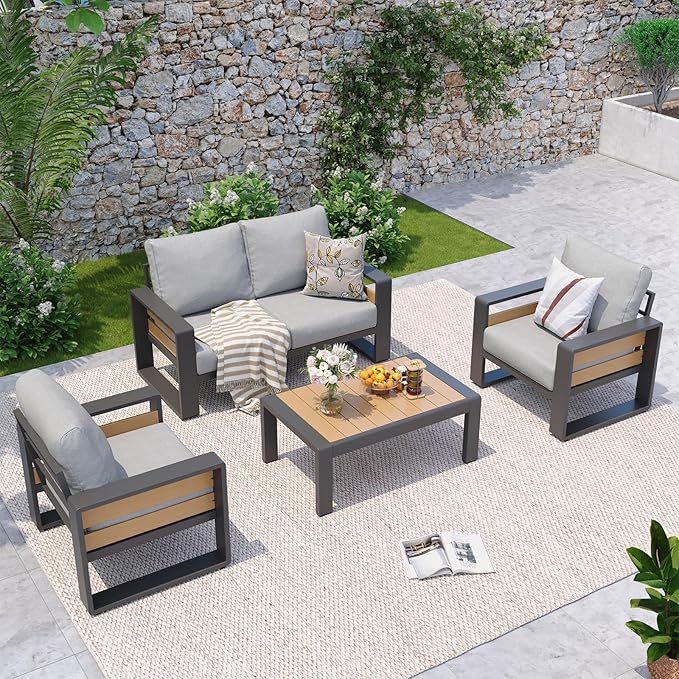 Aoxun Aluminum Patio Furniture Set, 4 Seats Luxury Metal Patio Conversation Sets with Coffee Table, Thick Cushions and Waterproof Cover, Modern Outdoor Furniture Set for Backyard/Poolside, Light Grey