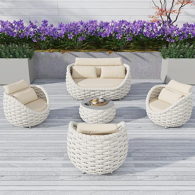 TWT 5-Piece Aluminum Patio Furniture Set, Olefin Rope Modern Outdoor Conversation Set Sectional Sofa with Water Repellent Thick Cushions and Coffee Table for Balcony, Garden, Beige