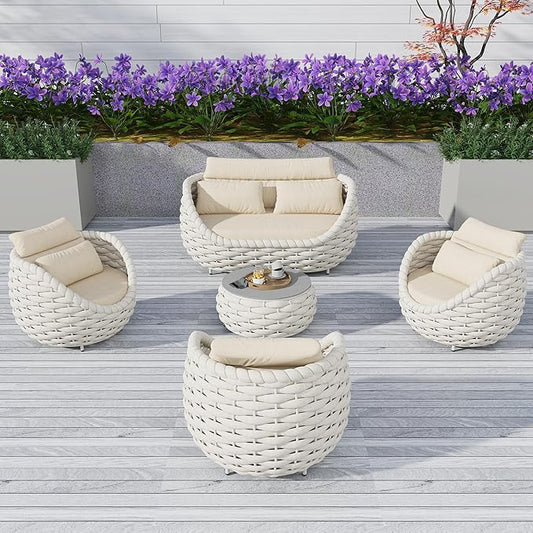 TWT 5-Piece Aluminum Patio Furniture Set, Olefin Rope Modern Outdoor Conversation Set Sectional Sofa with Water Repellent Thick Cushions and Coffee Table for Balcony, Garden, Beige