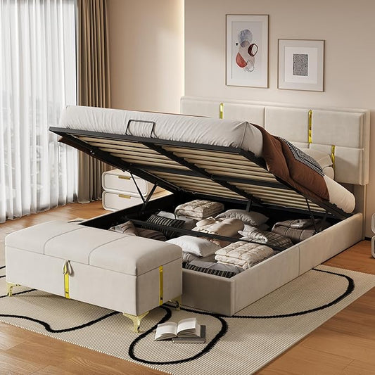 Harper & Bright Designs Queen Size Platform Bed with Lift Up Storage and Ottoman Bench, Velvet Upholstered Queen Bed Frame with Headboard, 2-Pieces Queen Bedroom Sets, Easy Assemble, Beige
