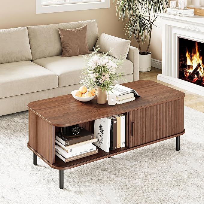Coffee Table with Storage, 47.2" Mid Century Modern Coffee Tables for Living Room, Rectangle Wood Center Table with Sliding Tambour Door & Adjustable Leg for Living Room, Walnut