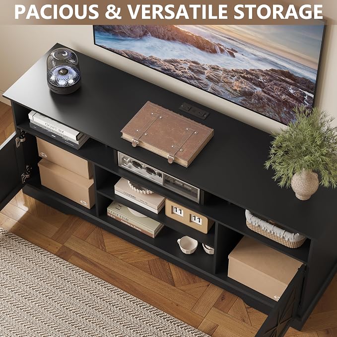 TV Stand for 65 Inch TV, Farmhouse Entertainment Center with RGB LED Lights, 59 Inch Media Console with Adjustable Center Shelf and Storage Cabinets, Rustic Barn Door Style - Image 6