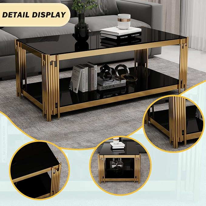 Rectangular Black Glass Coffee Table, 47" Center Table Living Room Table, Gold Stainless Steel Irregular Leg, Double-Layer Structure, Black Glass Desktop, Luxury