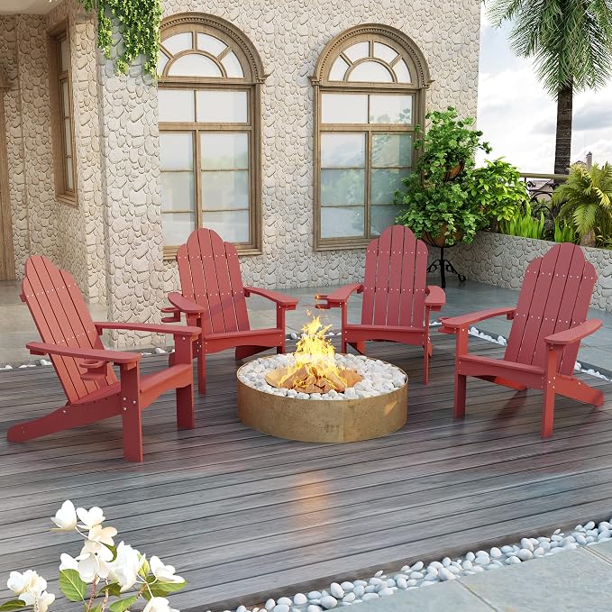 LUE BONA HDPS Adirondack Chairs Set of 8, Fire Pit Outdoor Chair Weather Resistant with Cup Holder, Modern Plastic Chair Plastic for Patio, Deck, Proch, 350LBS, Red by LUEBONA
