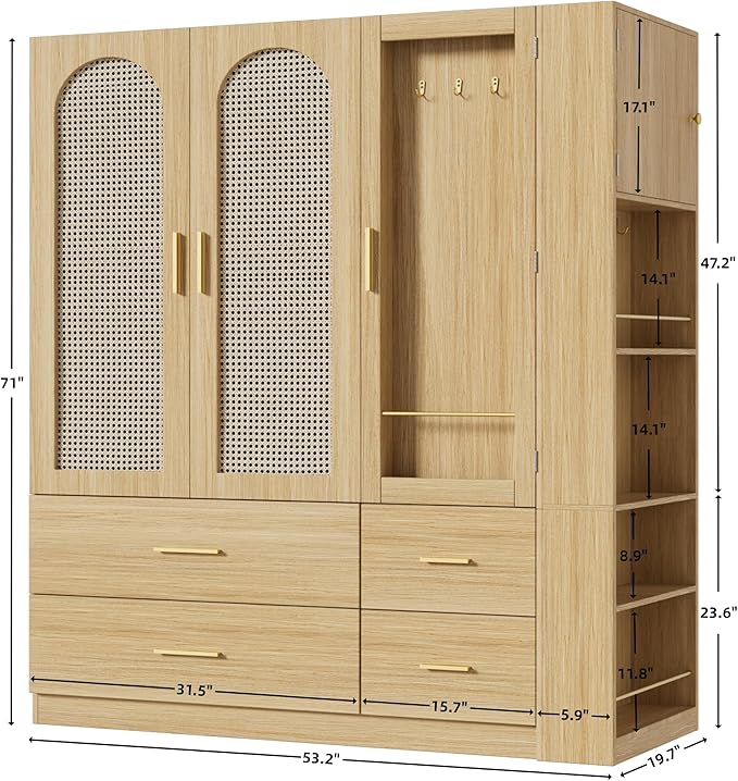 PAKASEPT 3 Doors Armoire Wardrobe Closet with Rattan,71'' Tall Freestanding Wooden Wardrobe Storage Cabinet for Bedroom with Hanging Rod,LED Vanity Mirror,Drawers,Clothes Hook,Open Shelves,Natural