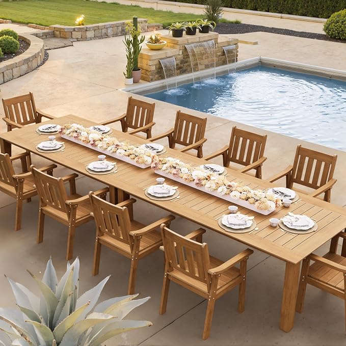 YEFU Outdoor Patio Dining Sets: All Weather 12 Piece Dining Table Set for 10 with Umbrella Hole & Aluminum Frame - Outdoor Furniture Patio 2 Table and 10 Chairs for Outside Backyard/Porch/Deck Teak - Image 8