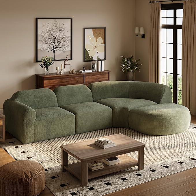 Merax Modern Curved Sectional Sofa with Ottoman, Couch 4-Piece Set High-Density Compressed Sponge, Fully Assembled, Right Hand Facing, Plush Deep Seat for Living Room, Lounge, Apartment, Green