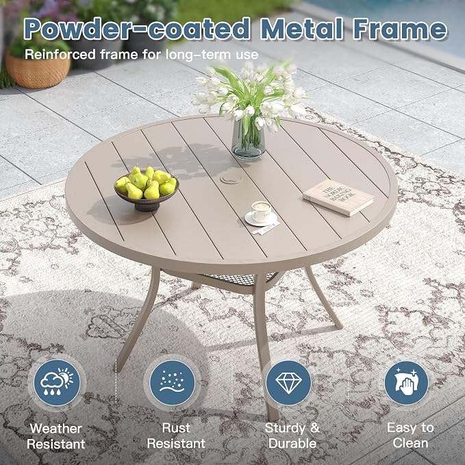DIFY 7 Pieces Outdoor Patio Dining Set for 6, 47.2" Sandshell Round Dining Table and 6 Sandshell Stackable Sling Dining Chairs, Metal Outdoor Table and Chairs for Lawn Garden Backyard Deck - Image 3
