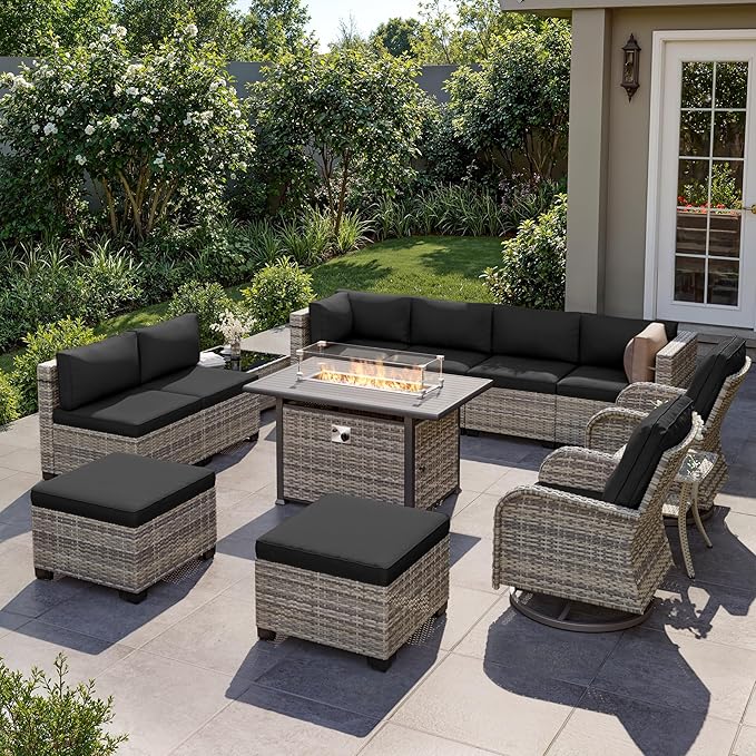 13-Piece Outdoor Patio Furniture Set with Rocking Swivel Chair, Wicker Rattan Sectional Sofa Conversation Set with 55,000 BTU Fire Pit Table with Ottomans, Backyard Furniture, Dark Grey