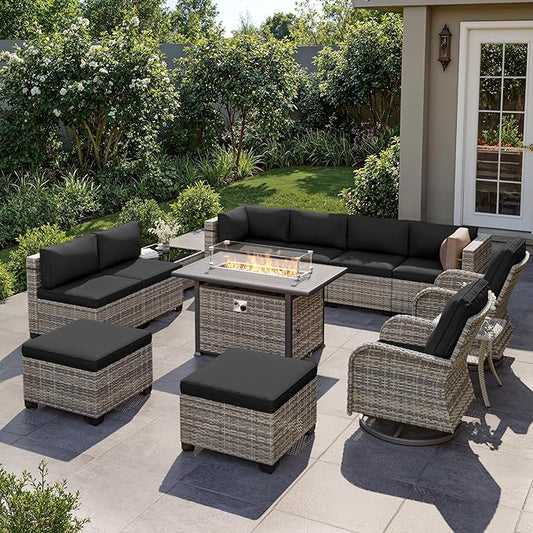 13-Piece Outdoor Patio Furniture Set with Rocking Swivel Chair, Wicker Rattan Sectional Sofa Conversation Set with 55,000 BTU Fire Pit Table with Ottomans, Backyard Furniture, Dark Grey