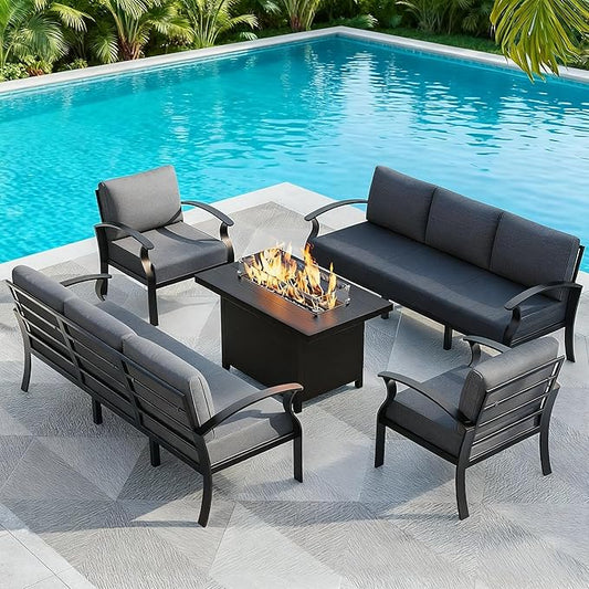 Aluminum Outdoor Patio Furniture Set,5 Pieces 8 Seats Patio Conversation Sets with 45" Propane Fire Pit Table,Metal Patio Sectional Furniture Set w/5.1" Cushions for Porch,Deck,Backyard,Grey