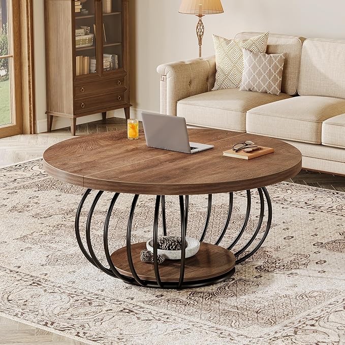Tribesigns Round Coffee Table for Living Room, 39.4" Industrial Wooden 2-Tier Circle Accent Center Cocktail Table with Storage Shelf and Metal Frame, Rustic Brown & Black