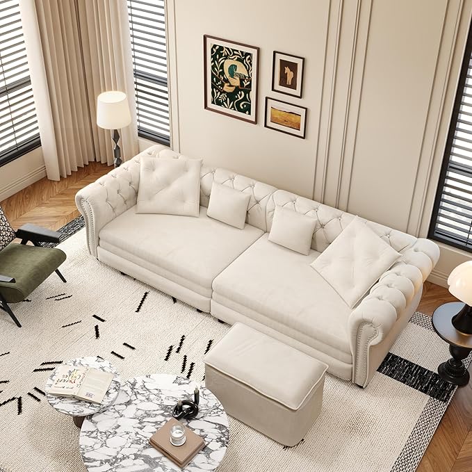 3 in 1 Oversized Chesterfield Loveseat Sofa Convertible Pull Out Sleeper Sofabed King Size Couch Bed w/Movable Ottoman and Nailhead Trim for Living Room Tufted Velvet Recliner Daybed Sofacama