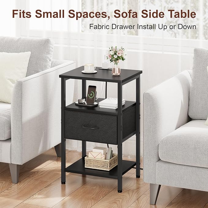 Vagusicc Set of 2 Nightstand with Charging Station, Bed Side Table with Adjustable Fabric Drawer, Night Stand for Bedroom, 3-Tier Storage End Table for Living Room, Tall Nightstand for Bedroom, Black - Image 7