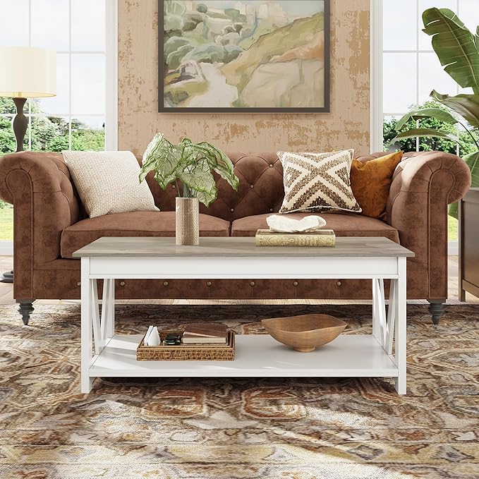WLIVE Farmhouse Coffee Table, 43" Coffee Table for Living Room, Modern Center Table with Storage Shelf, V Shaped Support, Grey&White