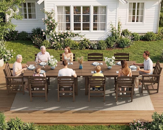 SERWALL Patio Dining Sets for 10 Person, HDPE Dining Set with 2 Tables, 8 Armless Chairs and 2 Armed Dining Chairs, Brown by SERWALL