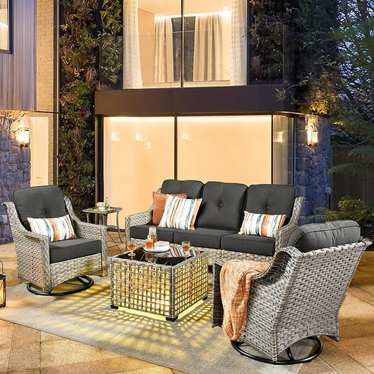 HOOOWOOO 5 Piece Patio Furniture Conversation Sets with Swivel Rocking Chairs,Outdoor Wicker Furniture with LED Tablet,All Weather Resistant High Back Rattan Conversational Set(Black)