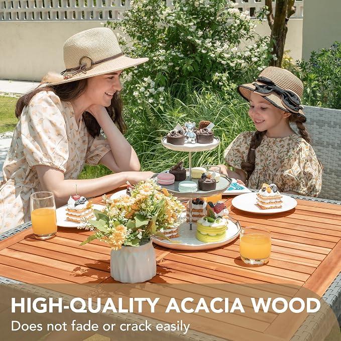 Devoko 5 PCS Furniture, Patio Conversation Set with Acacia Wood Top, Rattan Outdoor Dining Table and Chairs for Backyard, Garden, Deck, Grey - Image 4