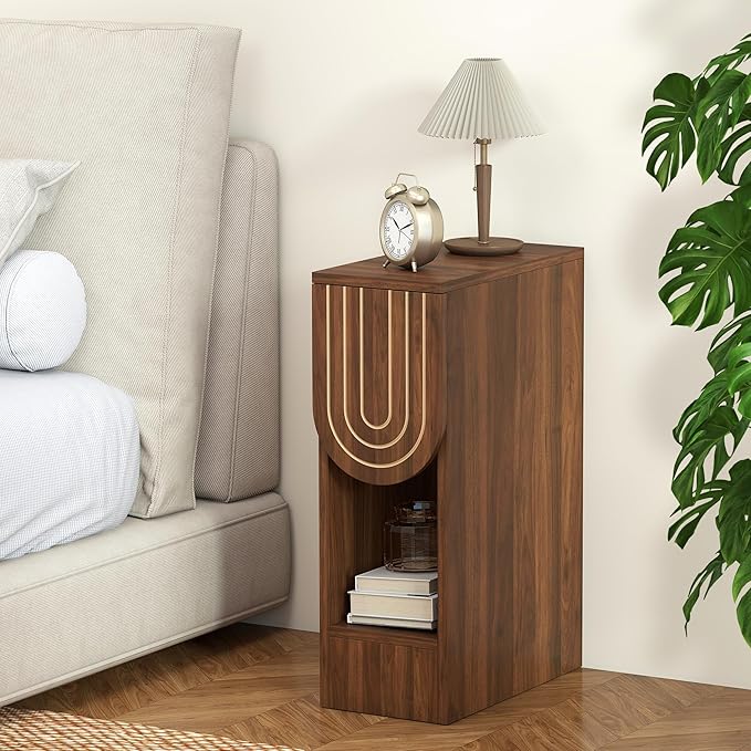 weselon Narrow Nightstands Set of 2, Mid-Century Modern Bedside Table with Carved Drawer and Storage Shelf, Farmhouse Slim Side End Table for Bedroom, Small Space (2, Walnut) - Image 6