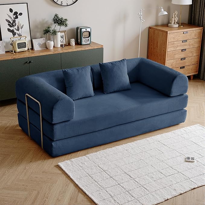 87'' Convertible Compressed Corduroy Folding Cloud Sofa Bed, Modern Modular Boneless Pull Out 3 Seater Sleeper in a Box, 5 in 1 Foldable Floor Mattress Couch, No Assembly Needed, Blue, Pillows, King