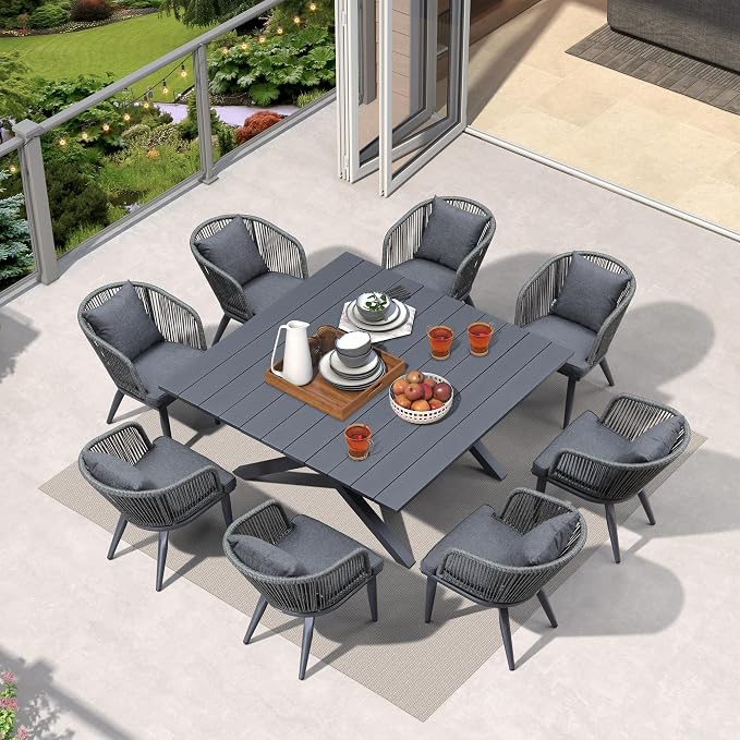 PURPLE LEAF 9 Pieces Outdoor Metal Furniture Set Patio Conversation Sets Dining Set, 1 Square Dining Table and 8 Modern Chairs with Cushions Seat Grey - Image 2