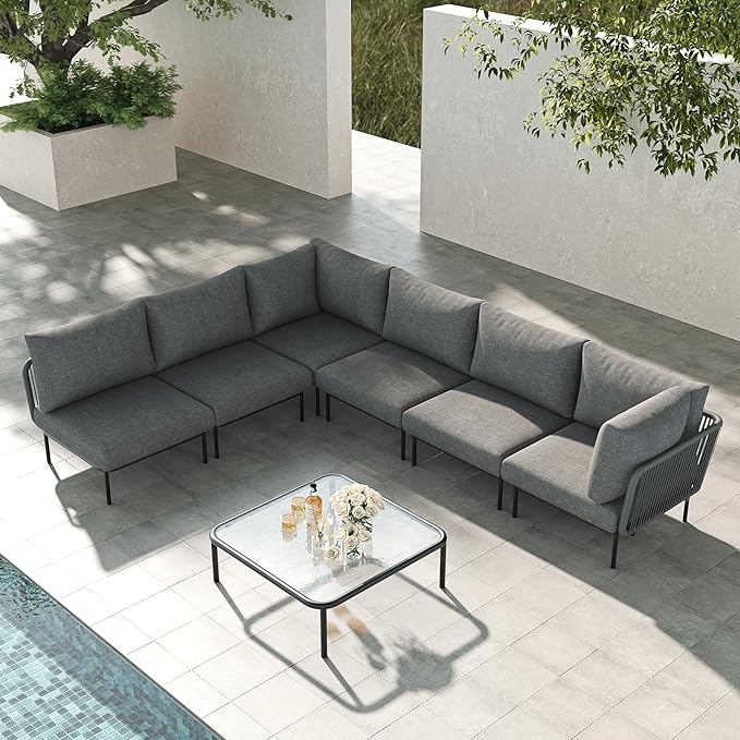 LayinSun 7 Pieces Aluminum Patio Furniture Set, Modern Modular Sectional Sofa with Coffee Table and Upgrade Thickness Cushion