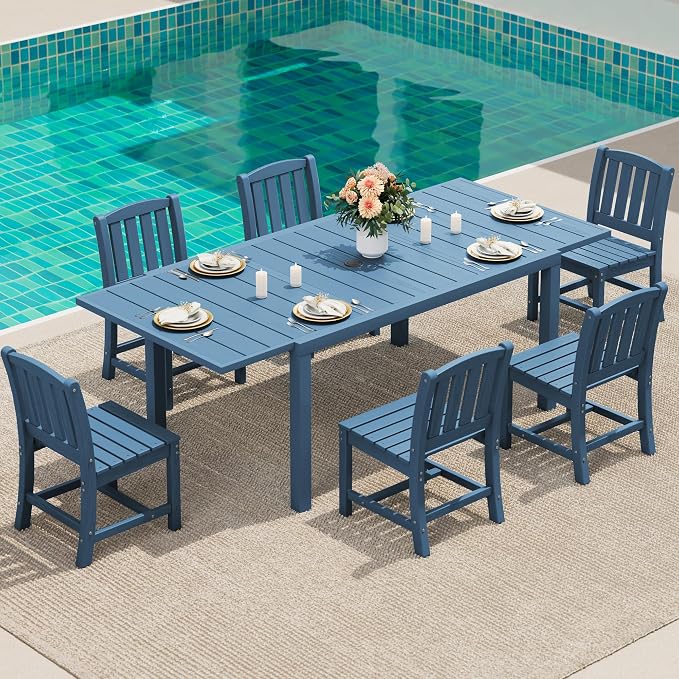 SERWALL 7-Piece Outdoor Dining Set, 60" - 83" Expandable Outdoor Dining Table and 6 HDPE Chairs, All Weather HDPE Outdoor Furniture Set for Backyard, Garden, Blue by SERWALL