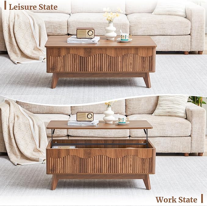 BERRYMERRY Lift Top Coffee Table with Hidden Storage, Farmhouse Fluted Coffee Table with Wave Profile, Rising Top Rectangular Center Table for Living Room (Walnut)
