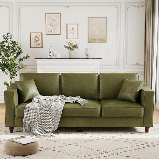 Faux Leather Couch with 2 Throw Pillows, Sofa Couches for Living Room, 3 Seater Sofa with Wide Armrests, Wood Legs, Deep Seats, Back Cushion, Sturdy Support Feet, for Office, Living Room, Olive Green