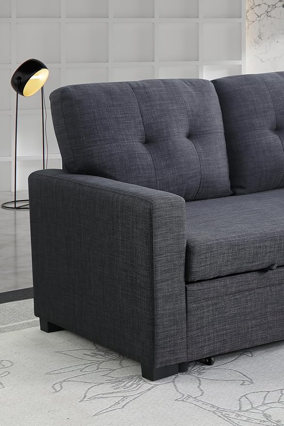 ERYE 82-inch Pull Out Sleeper Couch Bed, L-Shaped Reversible Sleeper Sectional Sofa Linen Blend Tufted Upholstered Corner Convertible Sofa Bed with Storage Chaise