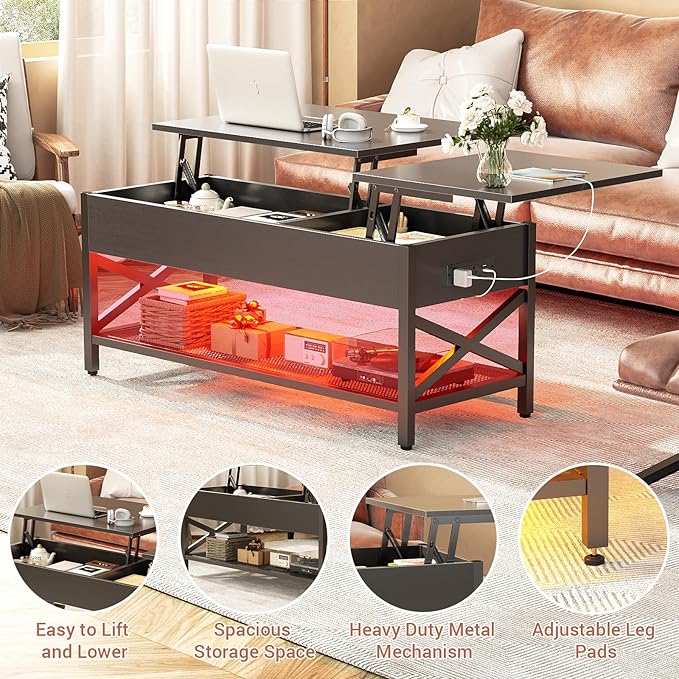 Coffee Table, Lift Top Coffee Table with Storage, LED Light & Power Outlet and Hidden Compartment, Retro Center Table for Living Room, X Support Wood Tabletop, Metal Frame,Black