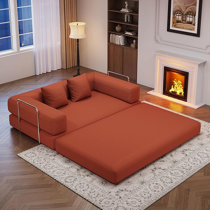 4-in-1 Foldable Sofa Bed Teddy Fabric Foam-Filled Compressed Couch, Convertible Loveseat Sofa, Boneless FoldingSleeper for Living Room, Guest Bed, Playroom (Orange, 59” 2 Seat)