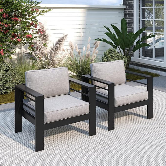 Solaste Patio Furniture Metal Armchair,2 PCS All-Weather Aluminum Garden Outdoor Contemporary Sofa Chair with Cushions, Light Grey by Solaste