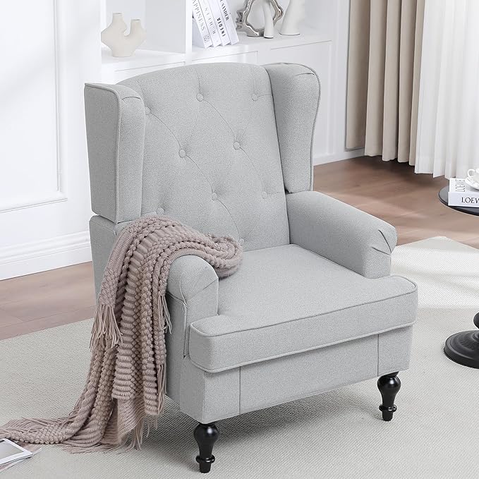 Accent Chair Set of 2, Mid Century Modern Fabric Wingback Chair, Upholstered Armchair with High Back and Vintage Legs, Comfy Single Sofa Side Reading Chair for Living Room Bedroom, Light Grey