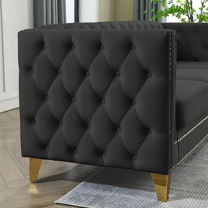 KEIKI 82.2" Tufted Velvet Corner Sofa, 5 Seat Couch, L-Shaped Sectional Couch for Living Room, Buttons Tufted Square Arm Couch for Home Apartment, Black