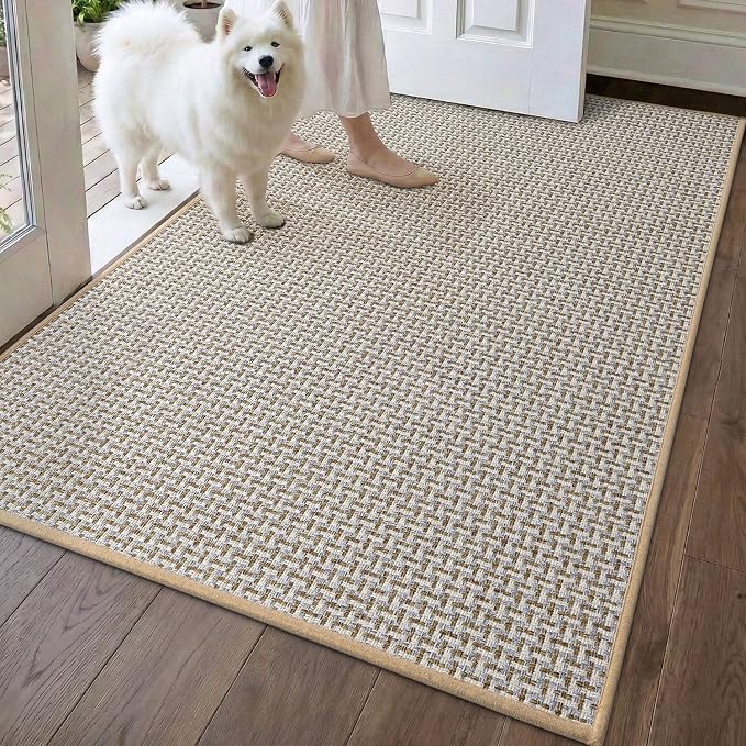 DEXI Ultra Thin Door Mat Indoor Entrance 36x56, Non Slip Rubber Backed Entryway Mats Dirt Trapper, Low Profile Front Doormat for Inside Entry, Patio, Porch, Beige and White by DEXI