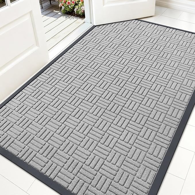 OLANLY Front Door Mat Outside Entrance 59x34, Absorbent, Heavy Duty Sturdy Natural Rubber Doormat Indoor Outdoor, Non-Slip, Stain and Fade Resistant, Low Profile Floor Mat for Entryway, Light Gray by OLANLY
